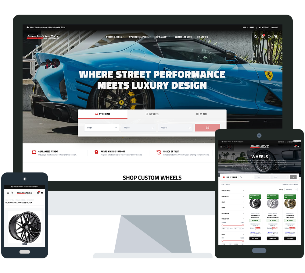 Element Wheels storefront shown on desktop, tablet, and mobile