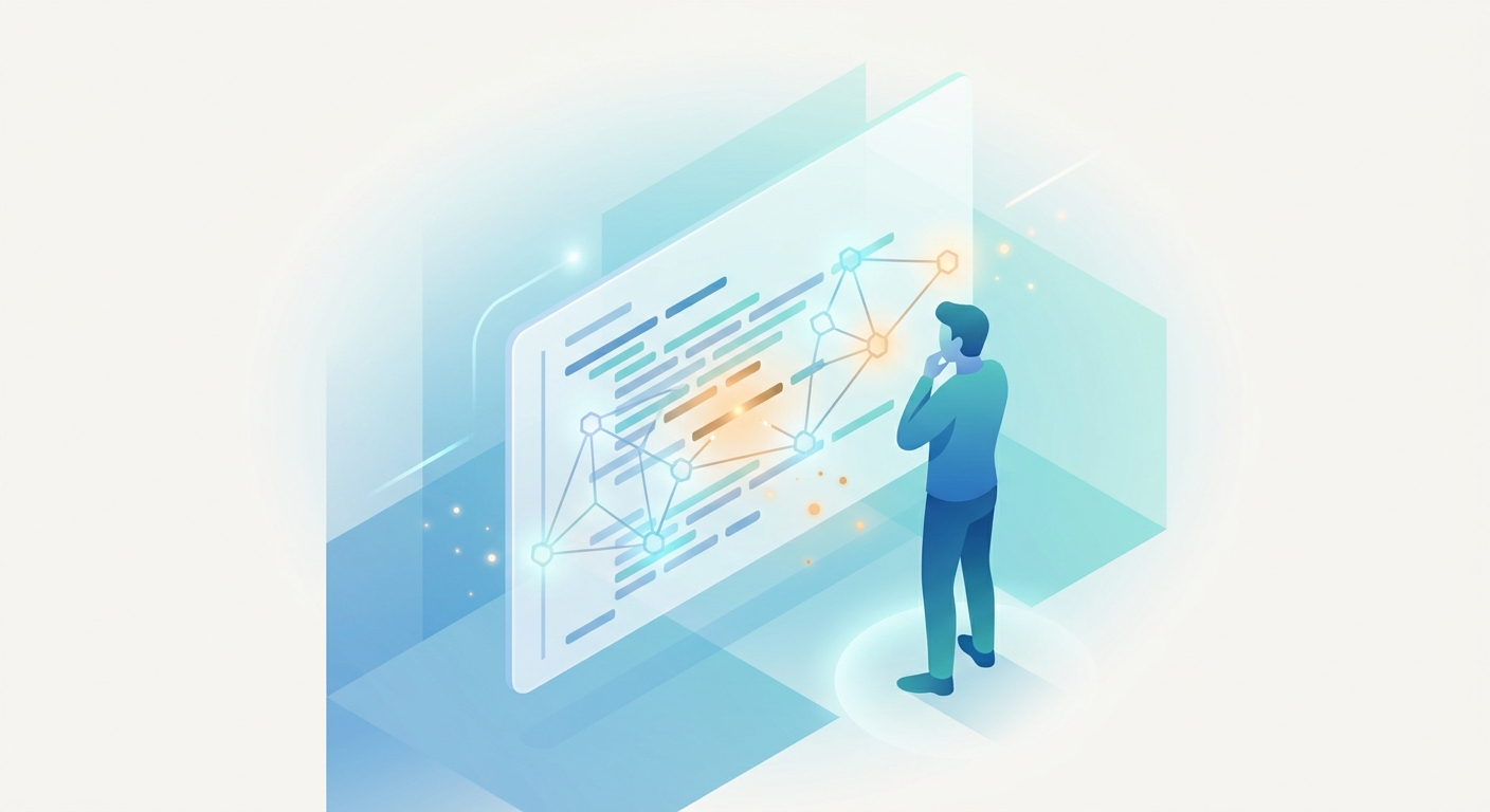 A senior engineer reviewing flowing code on a translucent panel while an AI node-network highlights and repairs segments
